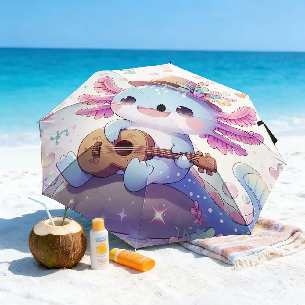 1PC Cute Axolotl Playing Ukulele on a Colorful Umbrella Print 8 Iron Ribs Folding Umbrella Auto-Open Fashion Sunshade