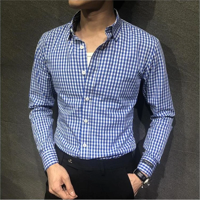 

Весенне-осенняя мужская клетчатая рубашка с длинным рукавом в корейском стиле, приталенный модный стильный универсальный топ