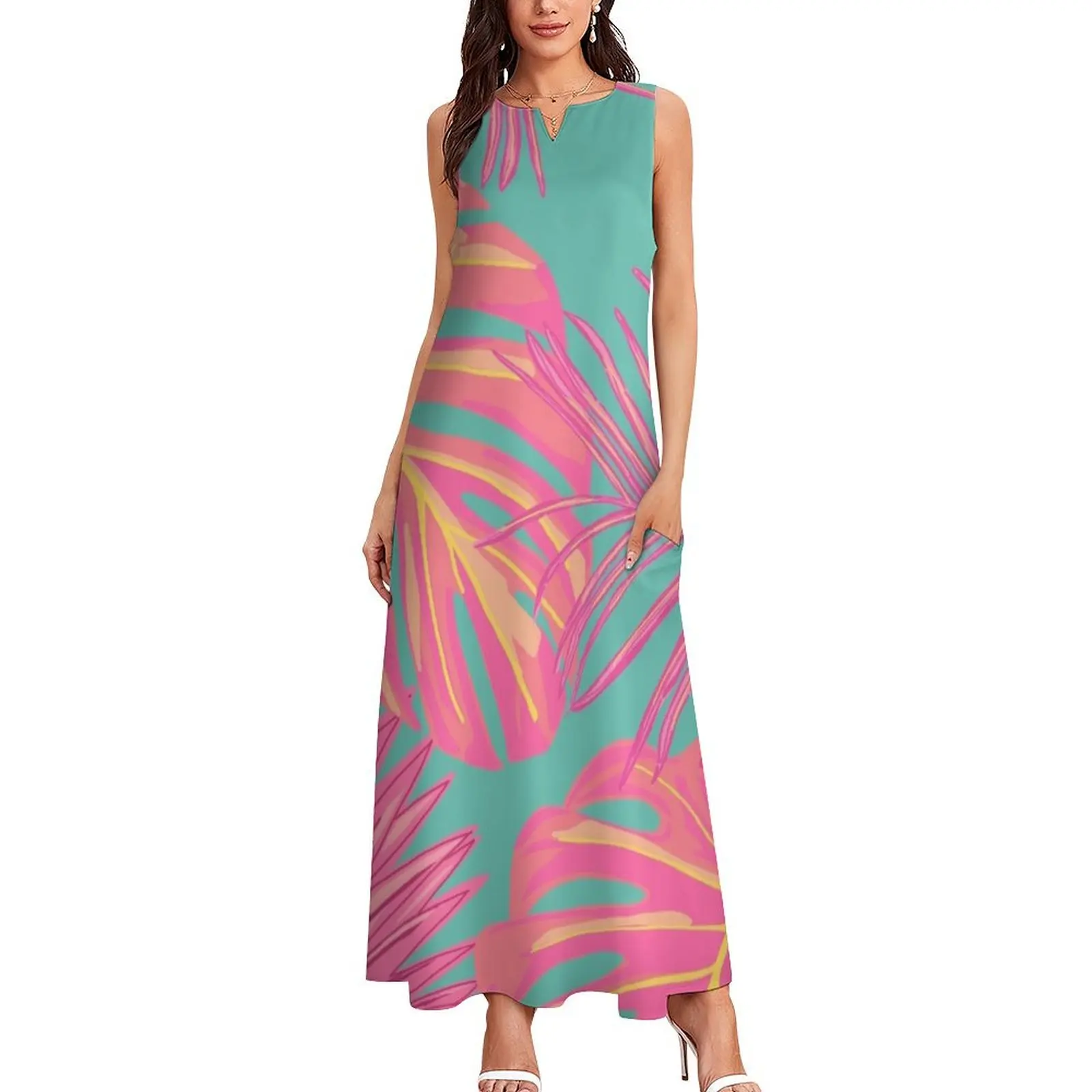 Tropical Leaves in Pink and Turquoise Long Dress Summer dresses for women Woman's evening dress dresses for womens 2025 Dress