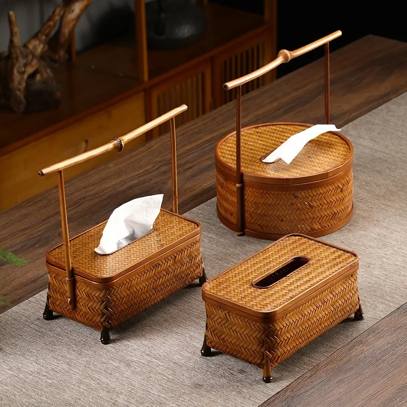 Retro Chinese Style Tissue Box Bamboo Woven Napkin Box Handheld Rectangular Paper Holder Living Room Tea Ceremony Decorations