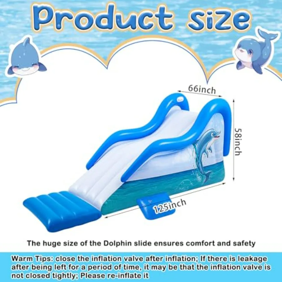 Outdoor water play slide for summer pool use, PVC material, blue and white, 125-inch giant inflatable dolphin design with exten