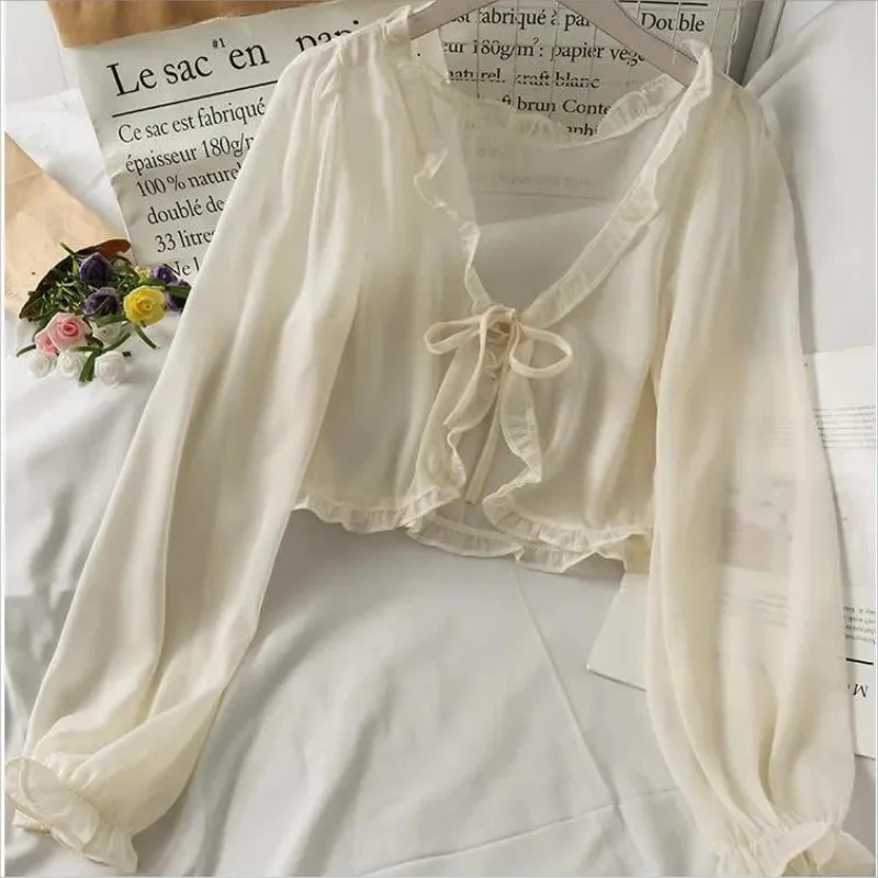 

Summer new chiffon ruffles Lace Bow up small cardigan for women short fairy blouse cover shirt sweet outer outfit Sun protection