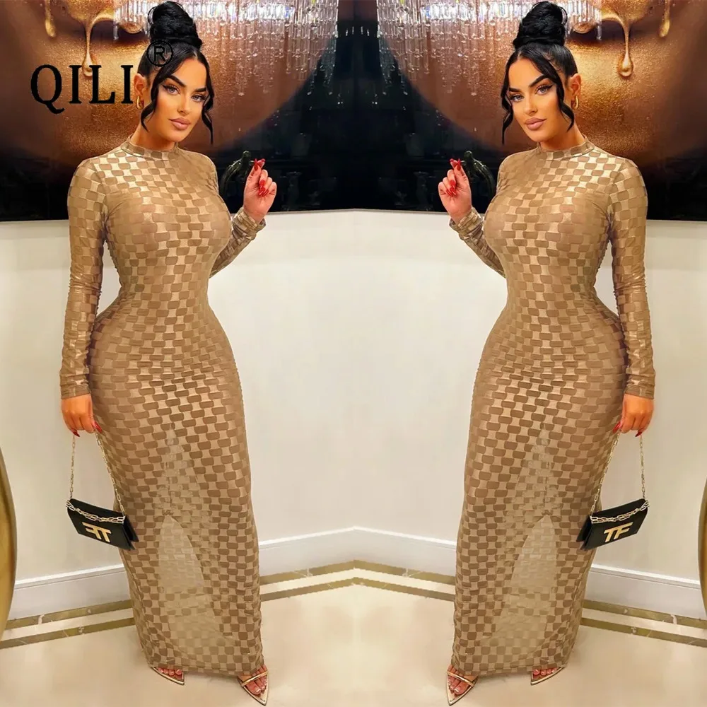 QILI-Women's Plaid Mesh See Through Full Sleeve Long Dress, Black, Gold and Silvery, Slim Waist, Women Party Club Dresses