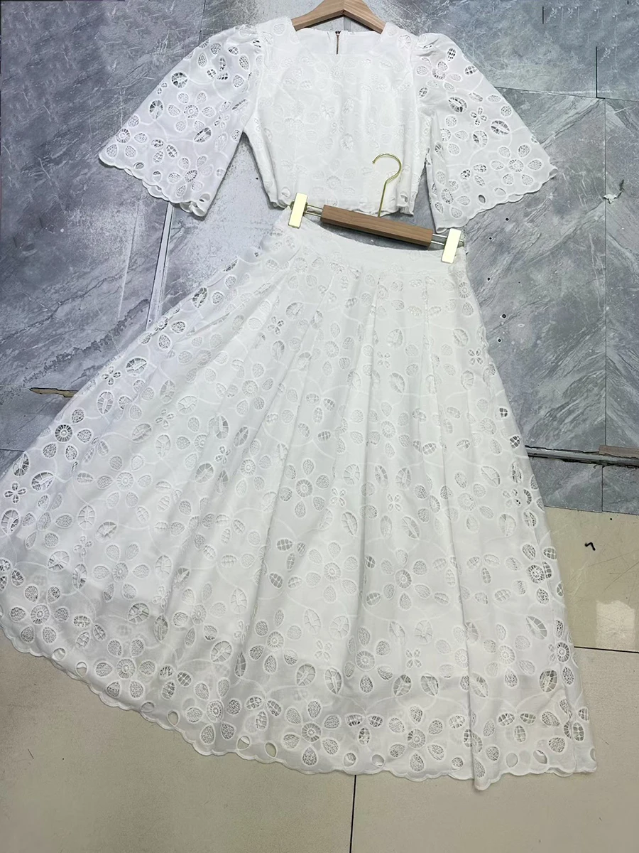 VGH Solid Elegant Two Piece Set for Women O Neck Half Sleeve Top High Waist Spliced Hollow Out A Line Skirt Outfit Female Summer