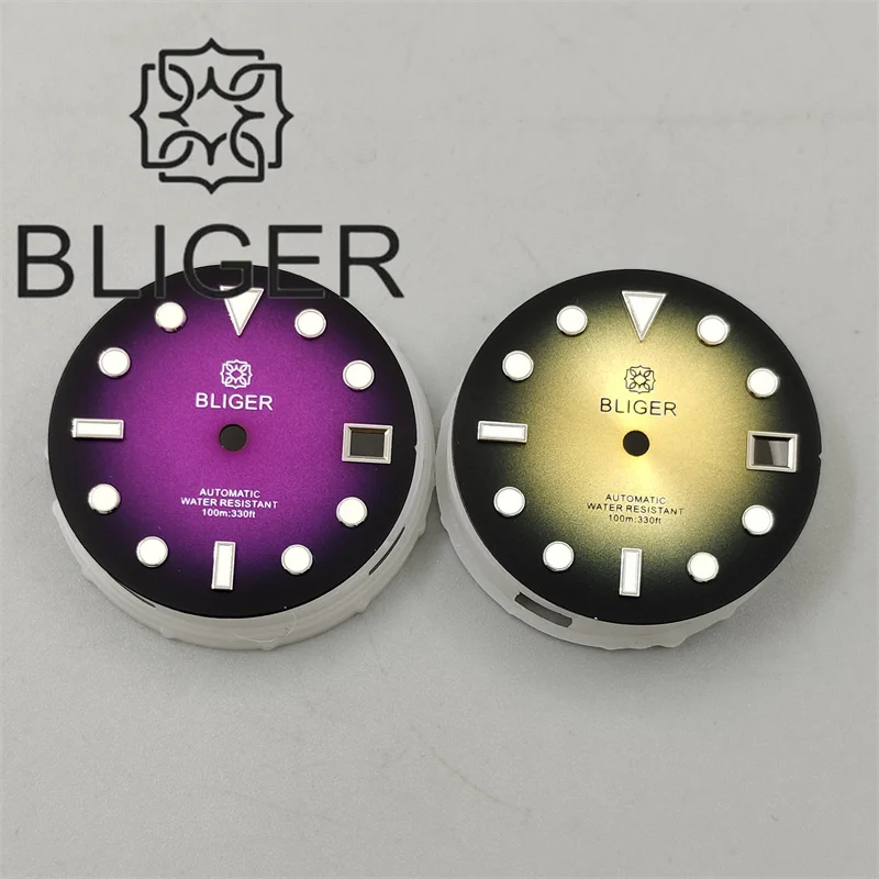 BLIGER 29mm Watch Dial Gradient Black Gold Black Purple Dial With Silver Time Mark Green Luminous Fit For NH35 Movement Watches