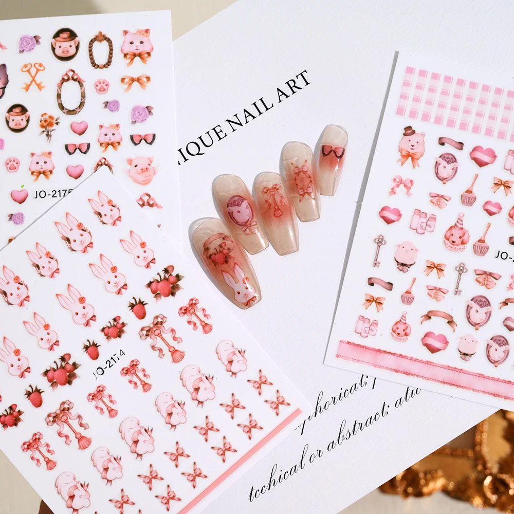 3pcs/Set Rococo Pink Style Nail Art Stickers Cute Rabbit Pig Cat Animal Pattern Self-Adhesive Decal Manicure Decoration Sticker