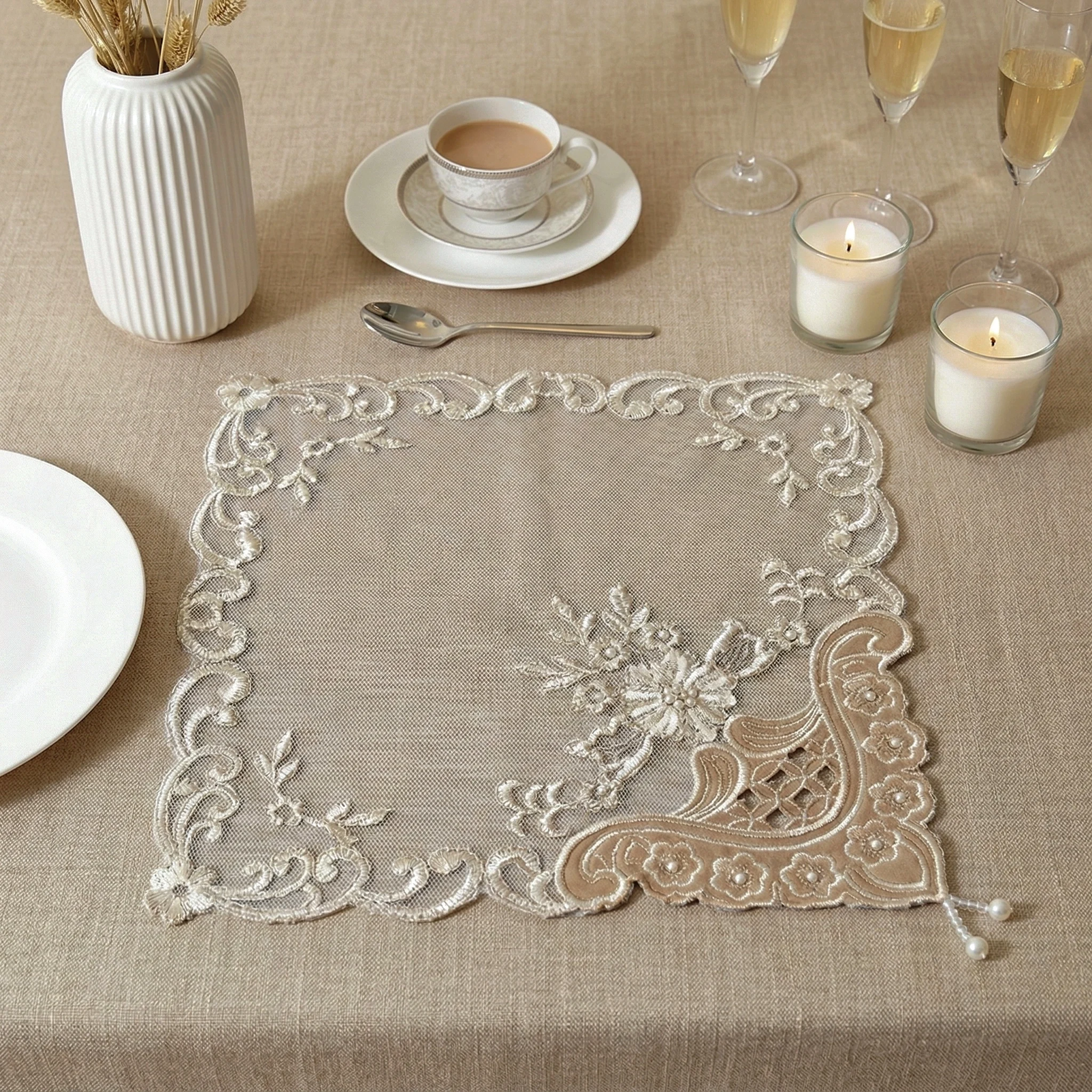 Placemat Set Of 4 Hand-Embroidered Placemats Vintage Coasters Heat-Resistant Pads Banquet Napkins Lace Dust Covers Baptism Decor