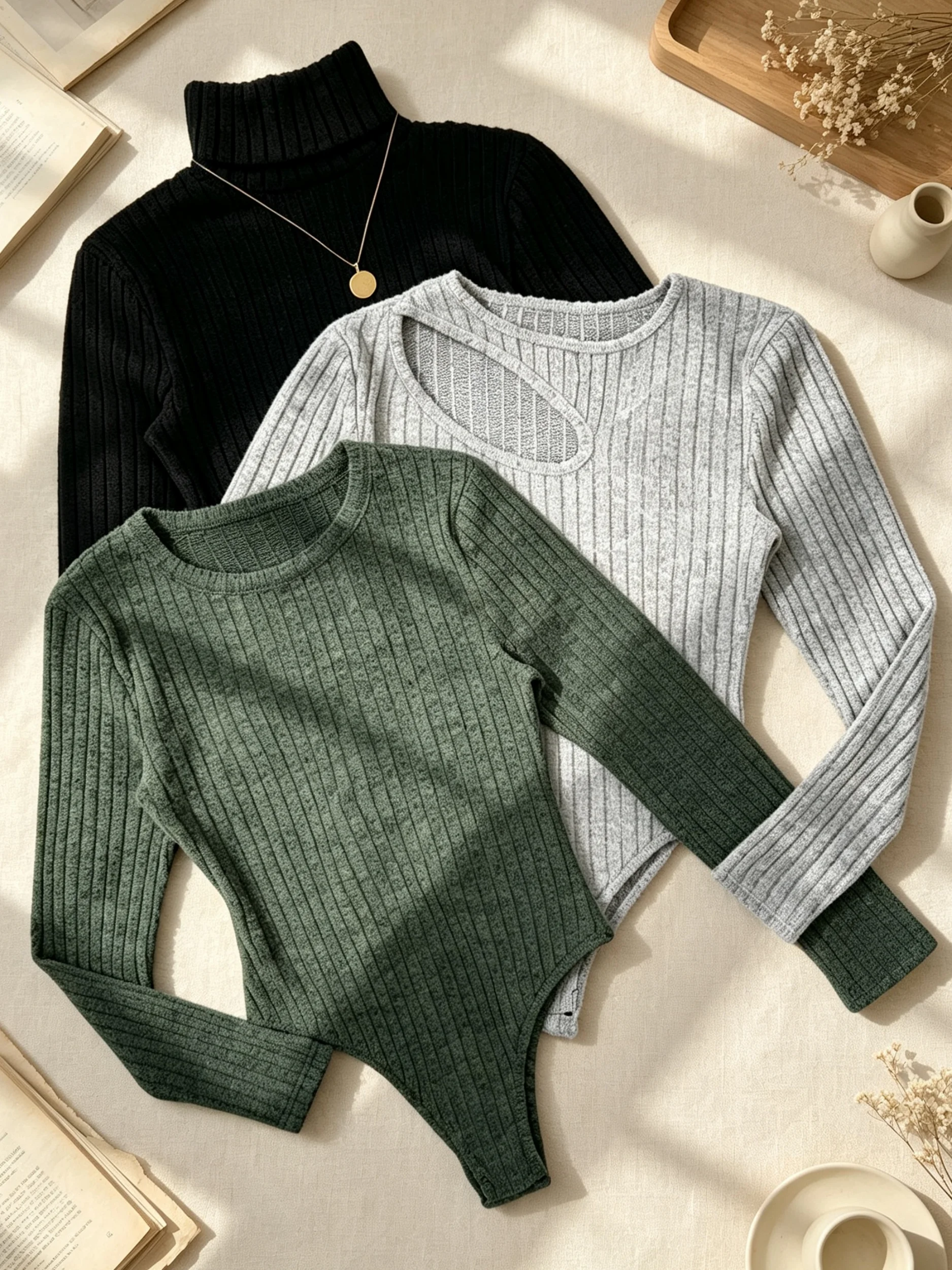 Women 3‑Pcs Set Ribbed Knit Bodysuit Long Sleeve Jumpsuit Top Multi Style Turtleneck Round Neck Hollow Cutout Slim Bodycon Therm 7 S2e2c1536b58f40698661e0c5d5c5db652