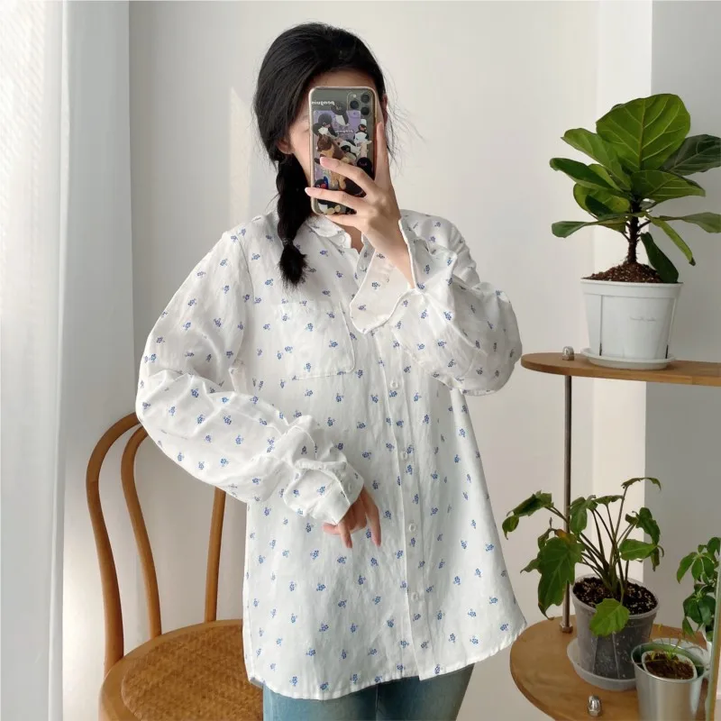 Johnature Women Tops Shirts 2024 Summer New Turn-down Collar Vintage Casual Print Turn-down Collar Loose All Match Simple Tops