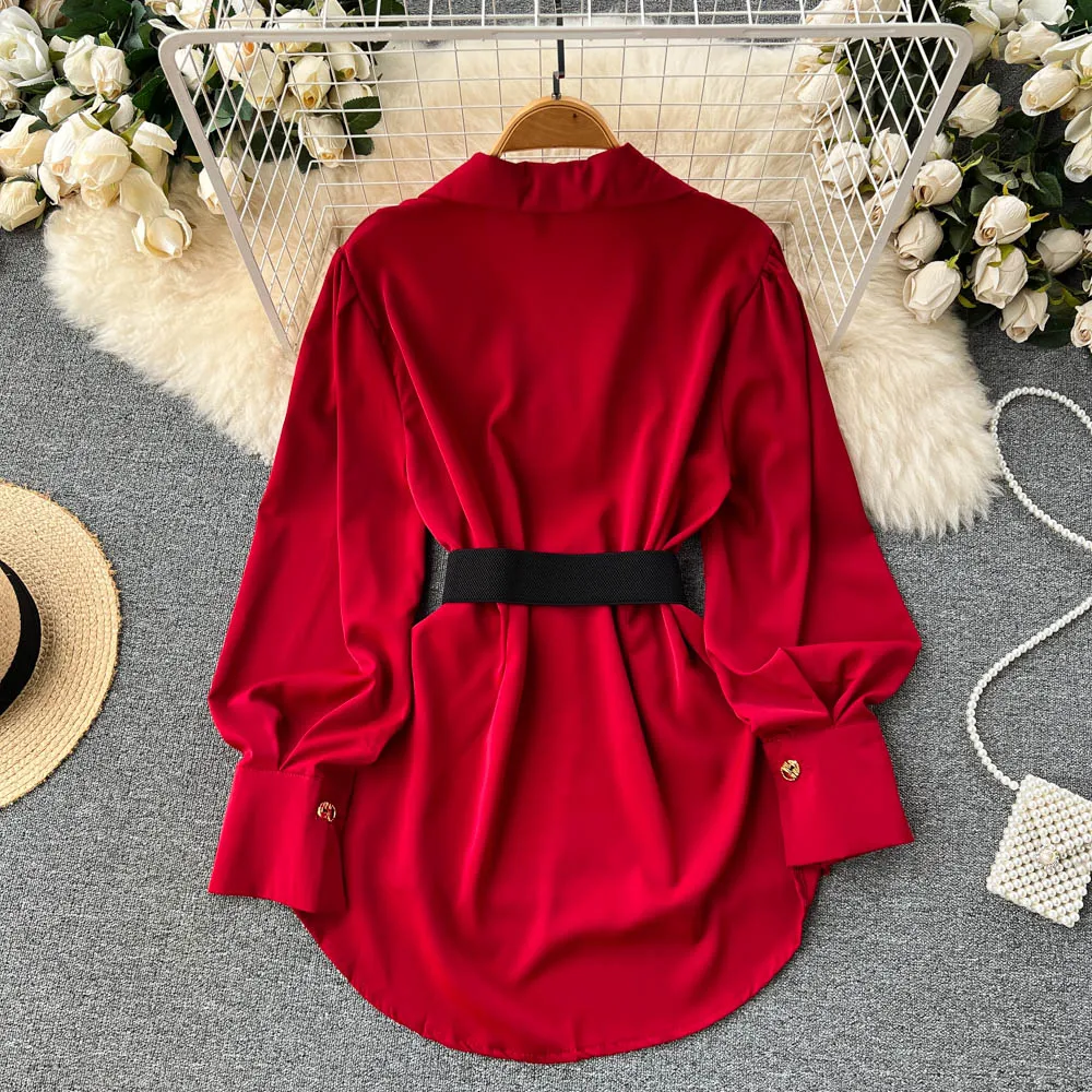 فستان قميص أبيض أنيق بأكمام طويلة للنساء بخصر مرتفع وتصميم عقدة على الخصر بأسلوب كوري للعمل بلون واحد موضة الخريف