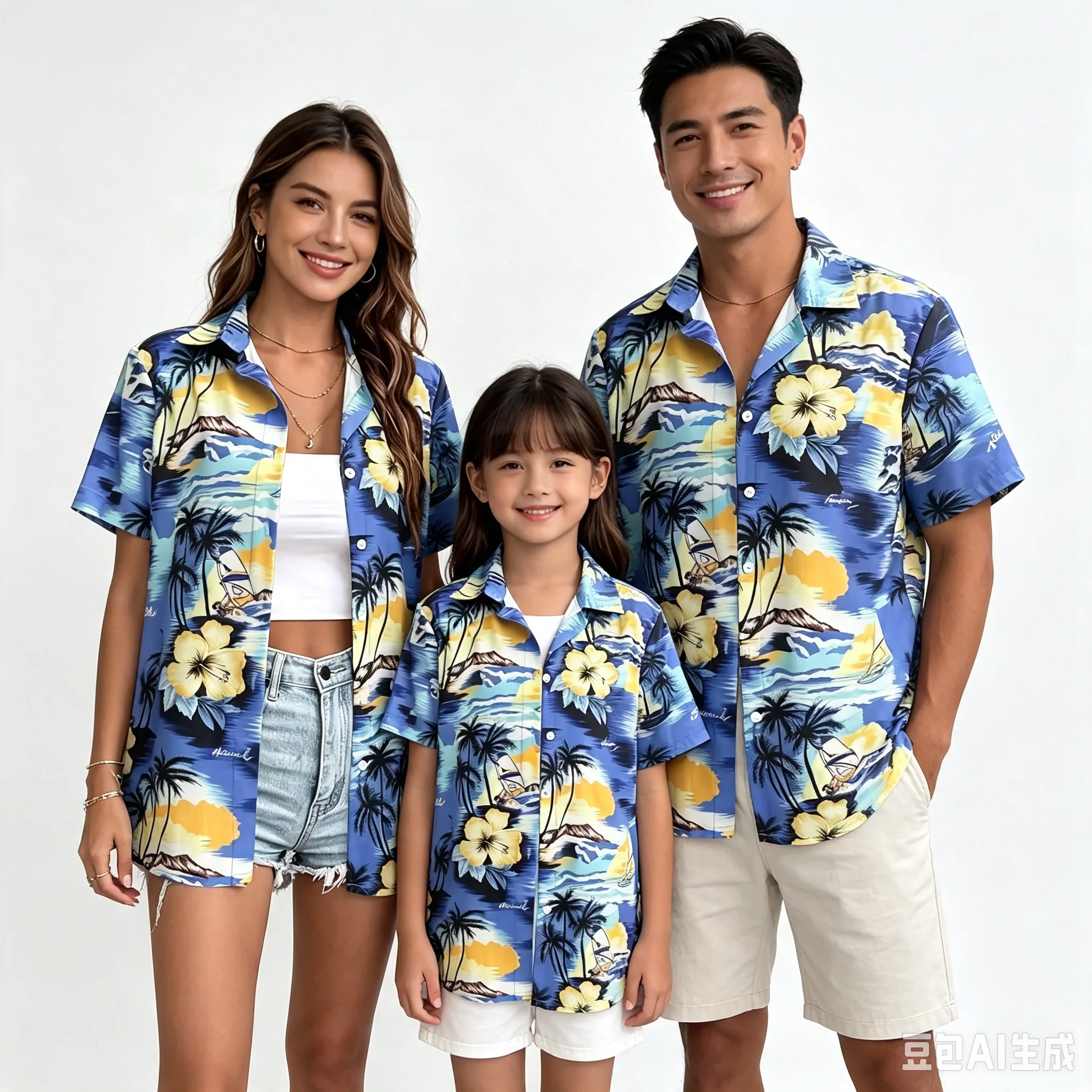 Family Matching Outfits Hawaii Style Shirts Summer Tropical Palm Tree Floral Print Short Sleeve Turn‑down Collar Blouse Mom Dad
