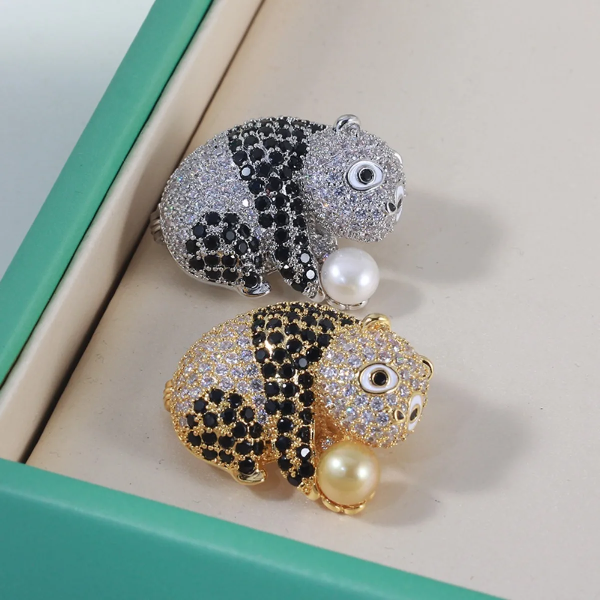 Brass Thick Gold Plated Little Panda Brooch Setting, Micro Pave Zircon Pin, DIY Pearl Jewelry Supply