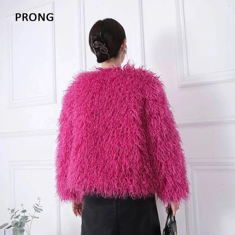 女性用ポケット付きフェイクファーコート、長袖ジャケット、厚くて暖かい、カジュアルでエレガントなアウター、ファッション、秋冬、2024