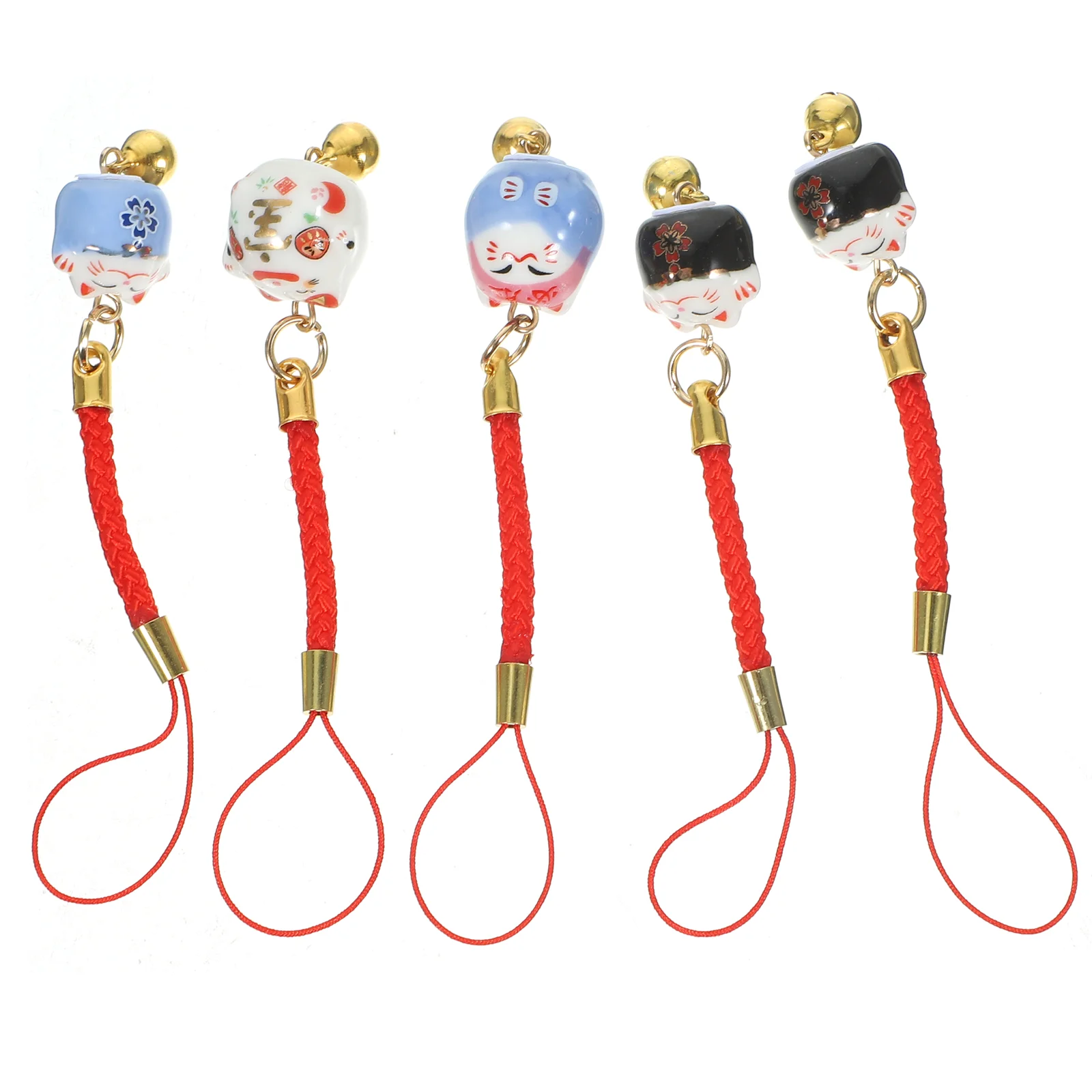 5 Pcs Lucky Cat Ornament Charm Phone Strap Lovely Chain Decoration Lanyard Keys Hanging Chic Ceramics Copper Bell Pendant Child