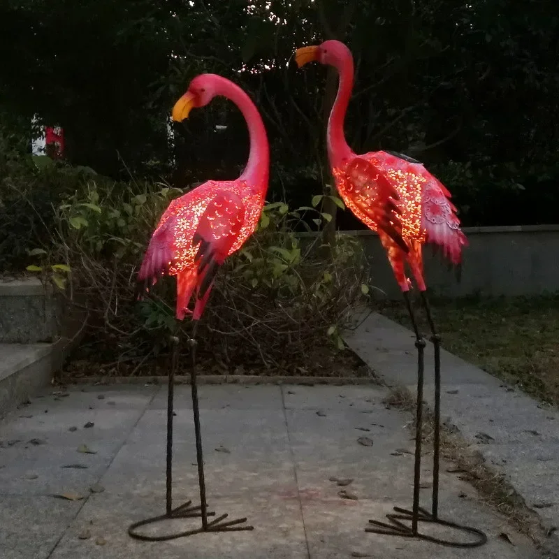 Creative Flamingo Figurines Metal Outdoors Miniatures with Light Solar Energy Luxury Sculptures Modern Home Garden Ornaments