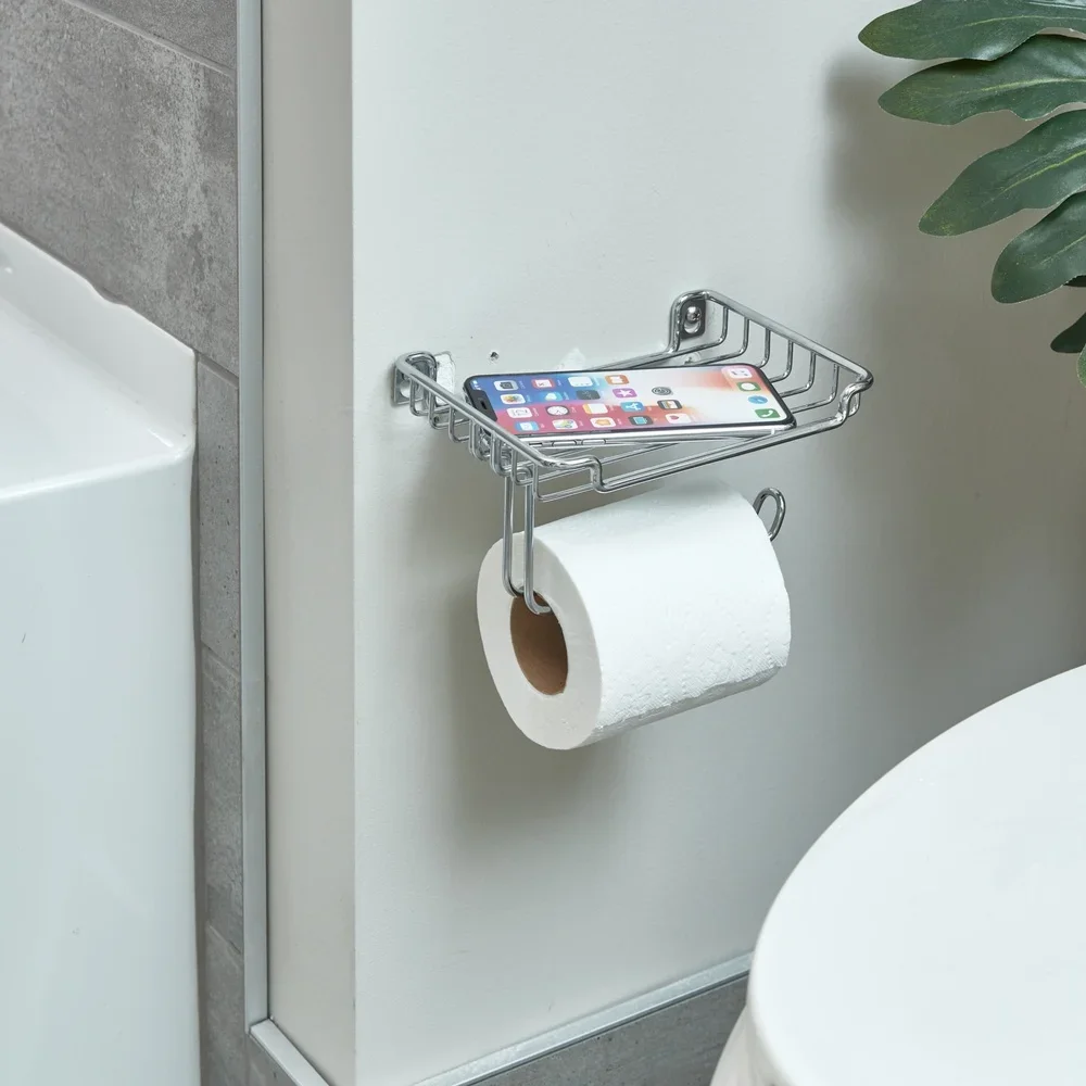 

Wall Mount Toilet Paper Dispenser with Top Shelf Roll Holder Storage Organizer Bathroom Clean Dry Access Easy Installation