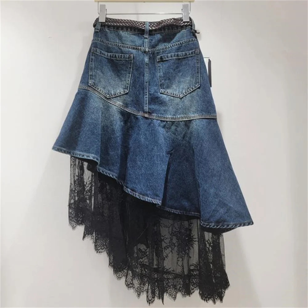 Autumn new lace patchwork scarf belt fishtail skirt irregular denim skirt women