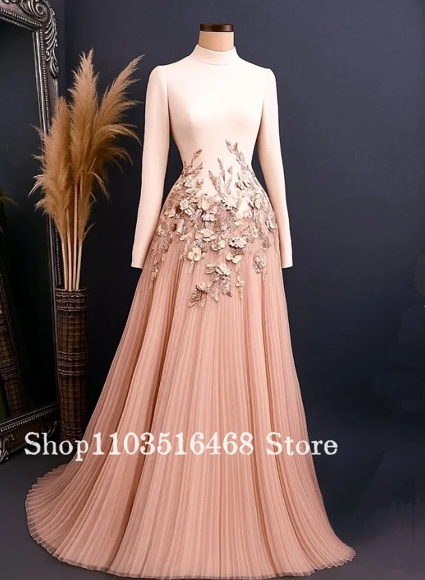 ustom فساتين حفلة موسيقية الشرق الأوسط 3D 3D زهرة التطريز تبادل كامل التطريز مسلم الدين فساتين السهرة مناسبة رسمية #1