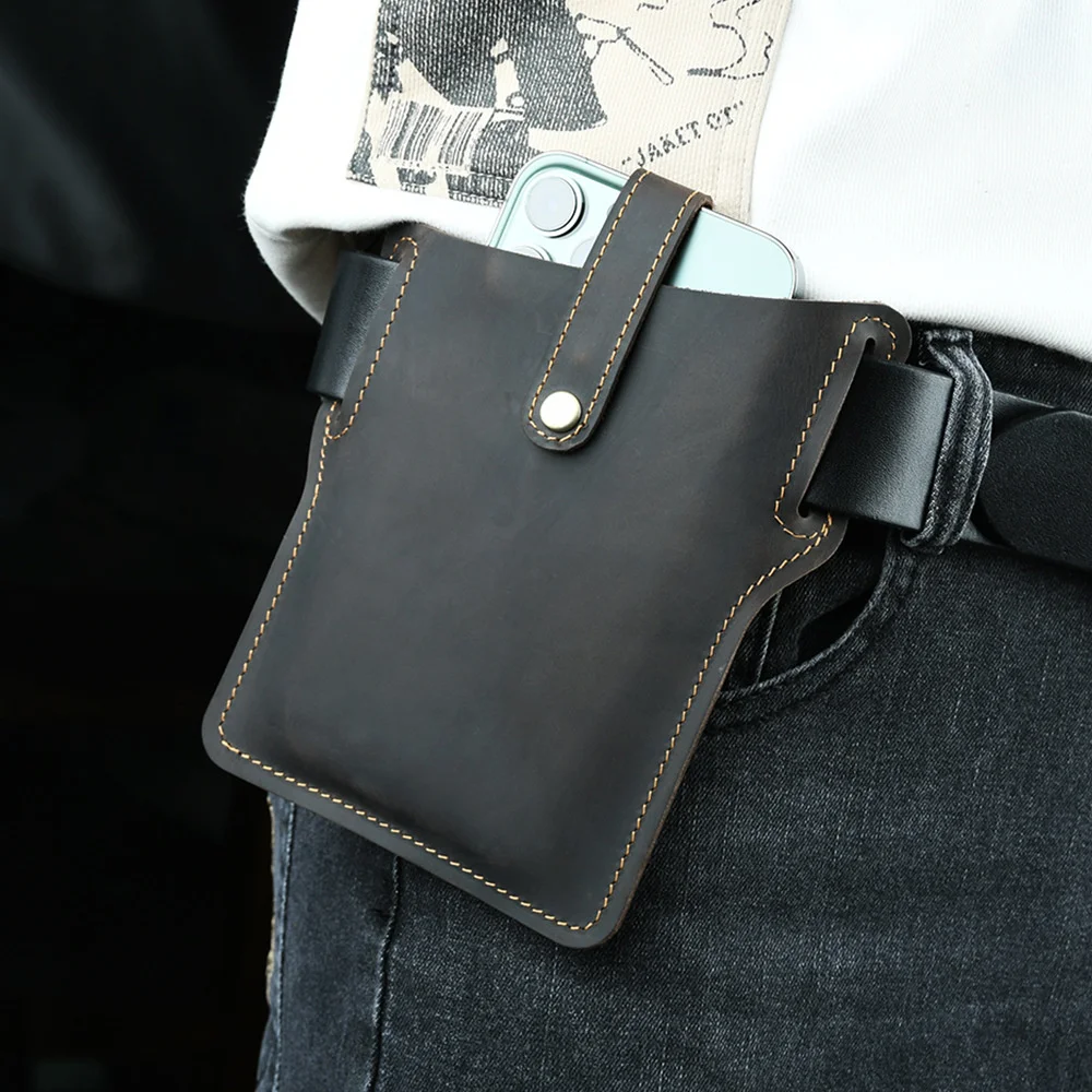 AIGUONIU Crazy Horse Leather Men Waist Bags New Retro Wear Resistant Mobile Phone Bag Leisure Cowhide Male Belt Pouch Wholesale