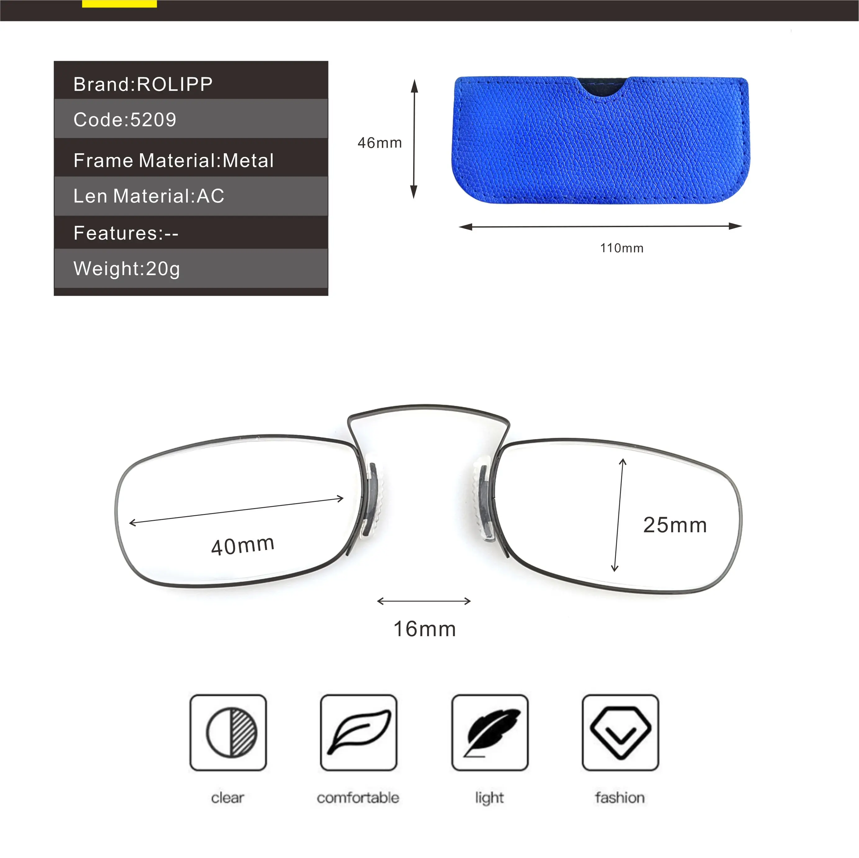 Tragbare Lesebrille für Herren, verschreibungspflichtige Brille, Clip-Nase mit herausem Bügel, rechteckig, Metall, mit Etui + 1,5, 2, 2,5, 3 – Detail 4