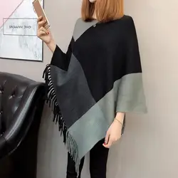 Trendy Oversized Cloak Colorblock Patchwork Pullover Ponchos Elegant Ladies Crochet Sweater Robe Cape Women Tassel Knitwear Coat