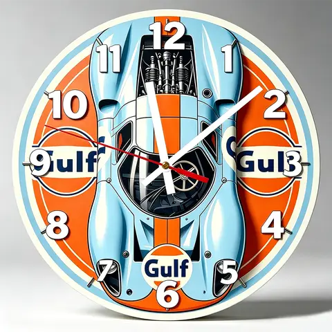 Round Wall Clock Vintage 2D Gulf Racing Car Silent Wall Mounted Wooden and Acrylic Clocks,Suitable for Home Bedroom Crafts Decor