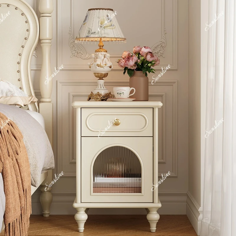 French solid wood bedside tables, bedroom cream style white wall storage cabinets