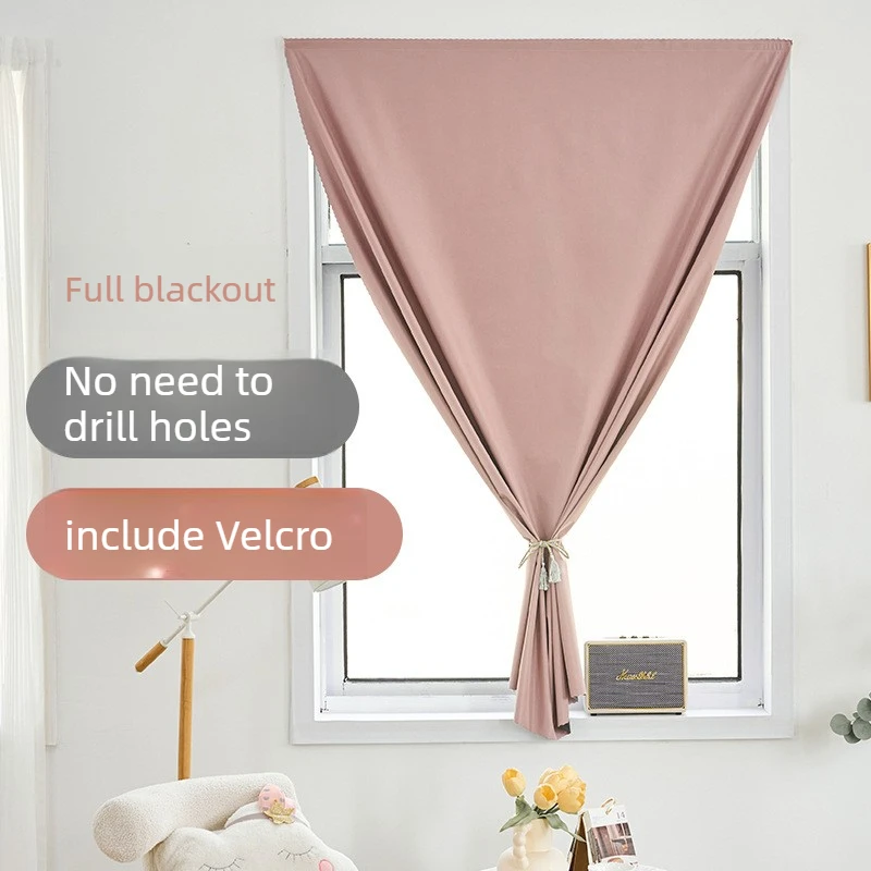 Blackout Curtain No Drill Velcro Self Adhesive Fabric & Sheer Integrated for Bedroom Window Short Drapes for Rental Room Divider