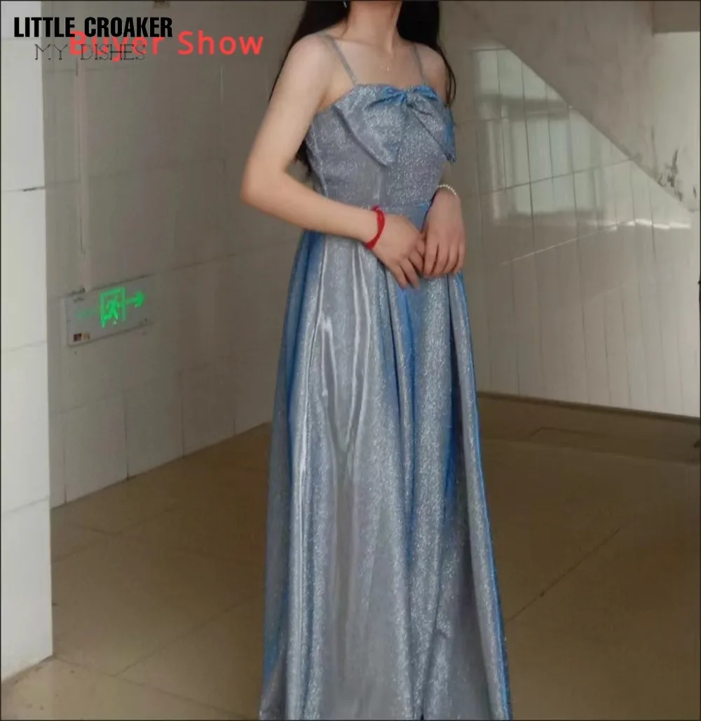 Spaghetti Strap Front Bow Glitter Evening Dresses Woman Elegant Blue Gown 2024 Long Prom Dress