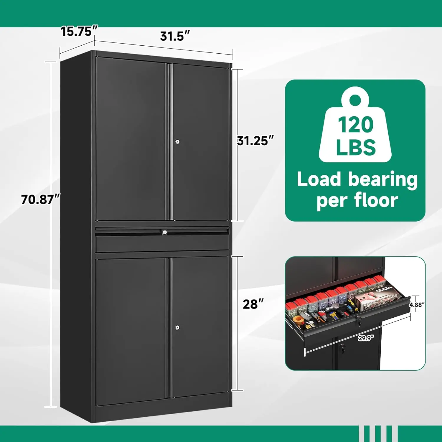 Armoire de rangement de garage en métal avec MEL, armoire à outils à 4 portes avec serrure, 2 étagères réglables pour garage, bureau à domicile