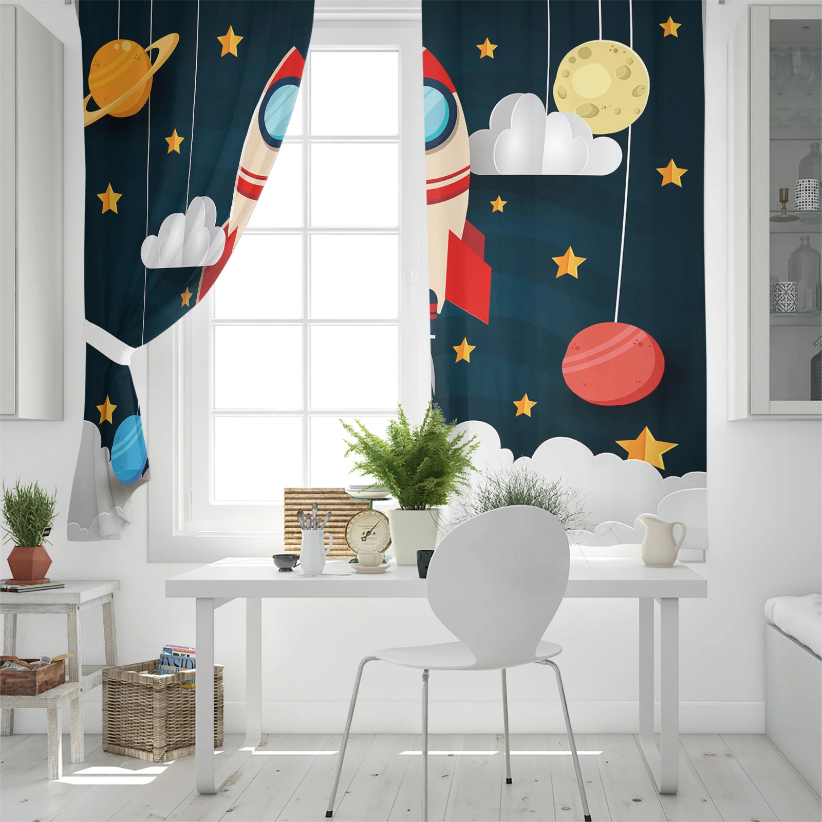 Outer Space Cartoon Cute Spaceship Rocket Curtains for Children\'s Bedroom Living Room Kids Window Treatments Kitchen Drapes