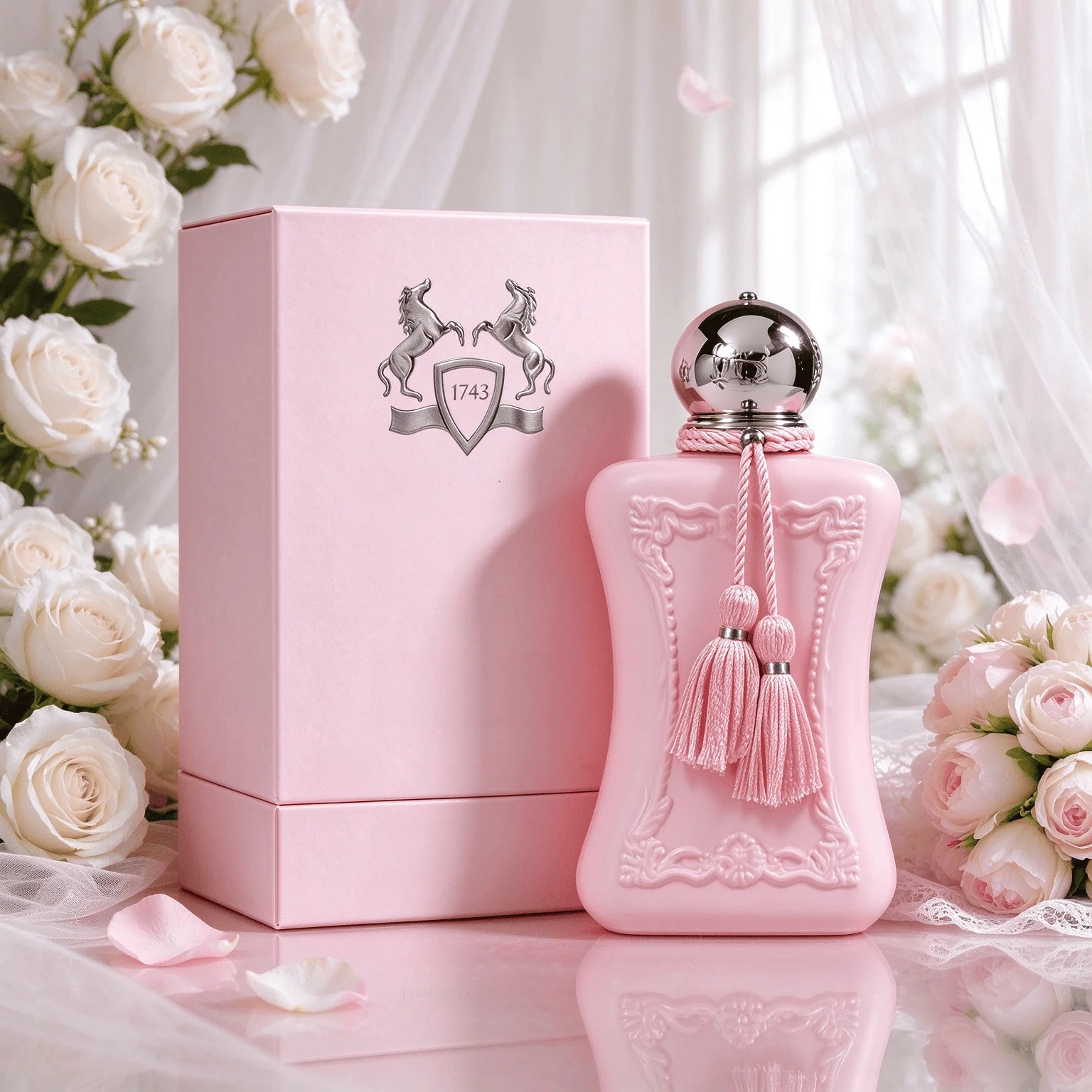 Pasrfums de Masrly Deslina Exsclusif EDP 100ml Unisex Perfume Spray for Men Women, Luxury French Fragrance, Matte Pink Embossed Bottle with Pink Tassel, Long Lasting Rose Vanilla Scent, Birthday Anniversary Valentine Gift