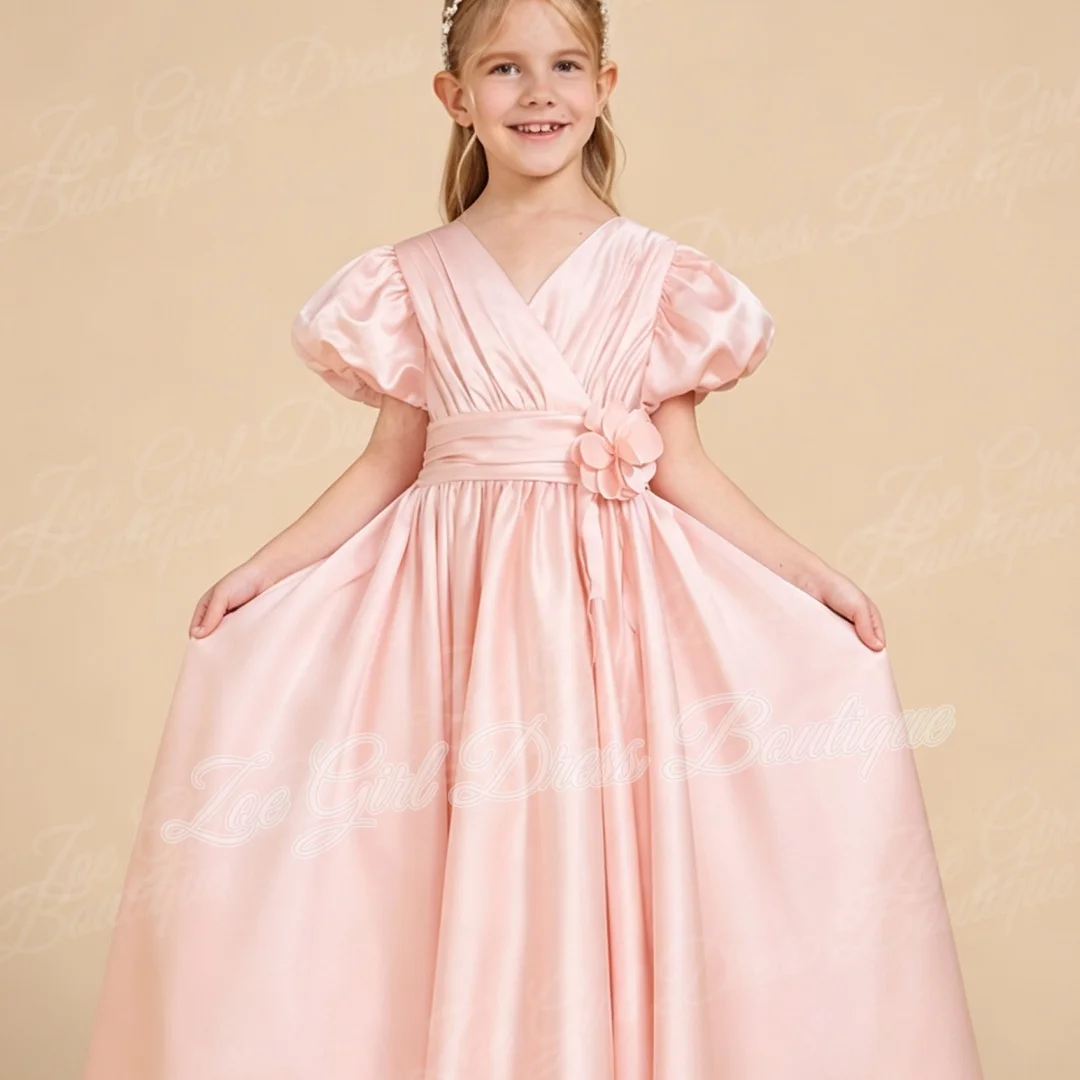 Vestido de niña de las flores rosa rubor para boda, cuello en V, mangas cortas abullonadas, cinturón floral 3D, lazo trasero, vestidos de primera comunión para cumpleaños infantiles