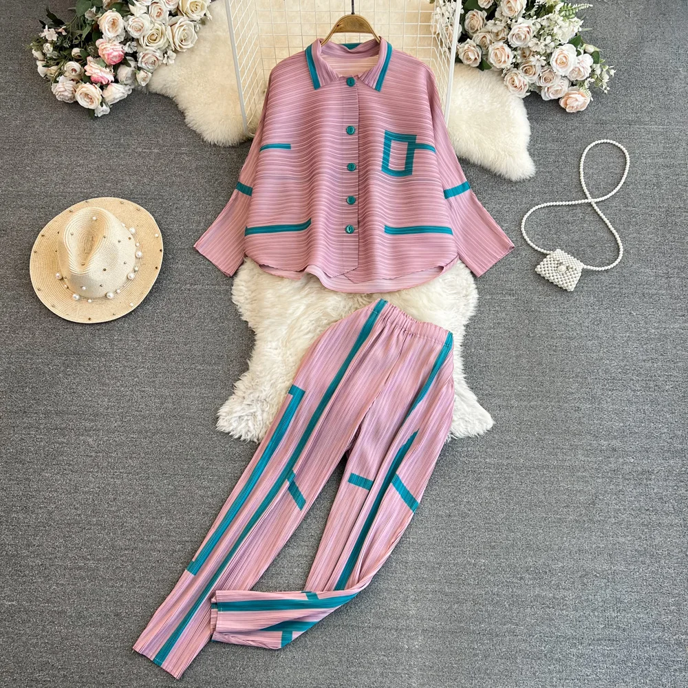 

Pant Set Women Two Piece Sets Turn Down Collar Full Sleeve Work Shirt Tops Wide Leg Long Pants High Elastic Waist Y2k Streetwear