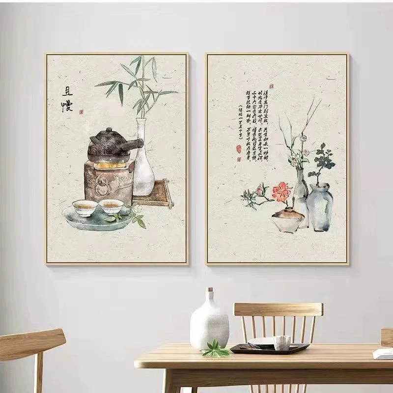 

New Chinese Style Zen Still Life Canvas Poster Tea Set Vase Flower Auspicious Persimmon Painting Dining Room Kitchen Wall Decor