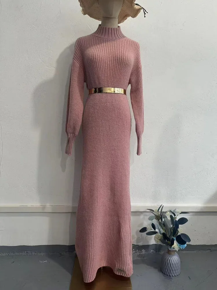 TARUXY Knitted Long Dress With Belt Women\'s Turtleneck Pullover Solid Sweater Dresses Fashion Long Sleeve Holiday Party Clothes