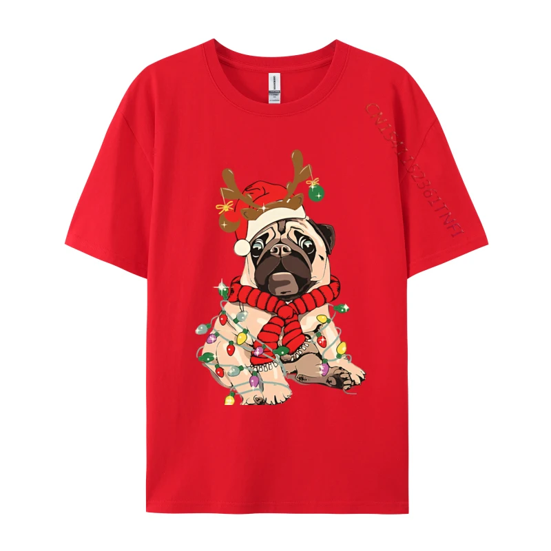 Pug Dog Reindeer Antlers Lights Christmas T-shirt Daily Loose Casual Shirts Company Group Tees Wholesale Tshirts 100 Pcs