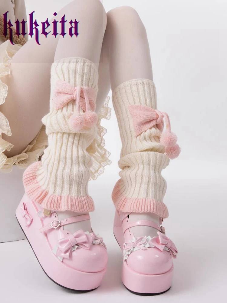 Kukeita Harajuku Y2k Women Knitted Leg Warmer Socks Japanese Lolita Sweet Pink Bow Ruffles Leg Cover Kawaii JK Warm Boots Socks