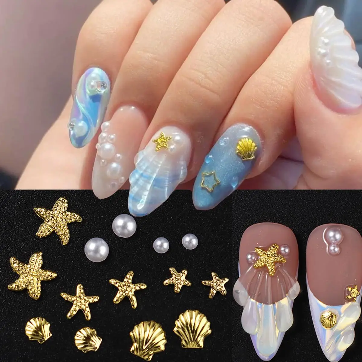 50/200pcs Gold Ocean Rivet Nail Charms Mixed Seahorsea/Starfish /Conch Pearl/shell/ Dream Colors Resin Nail Jewery Decoration