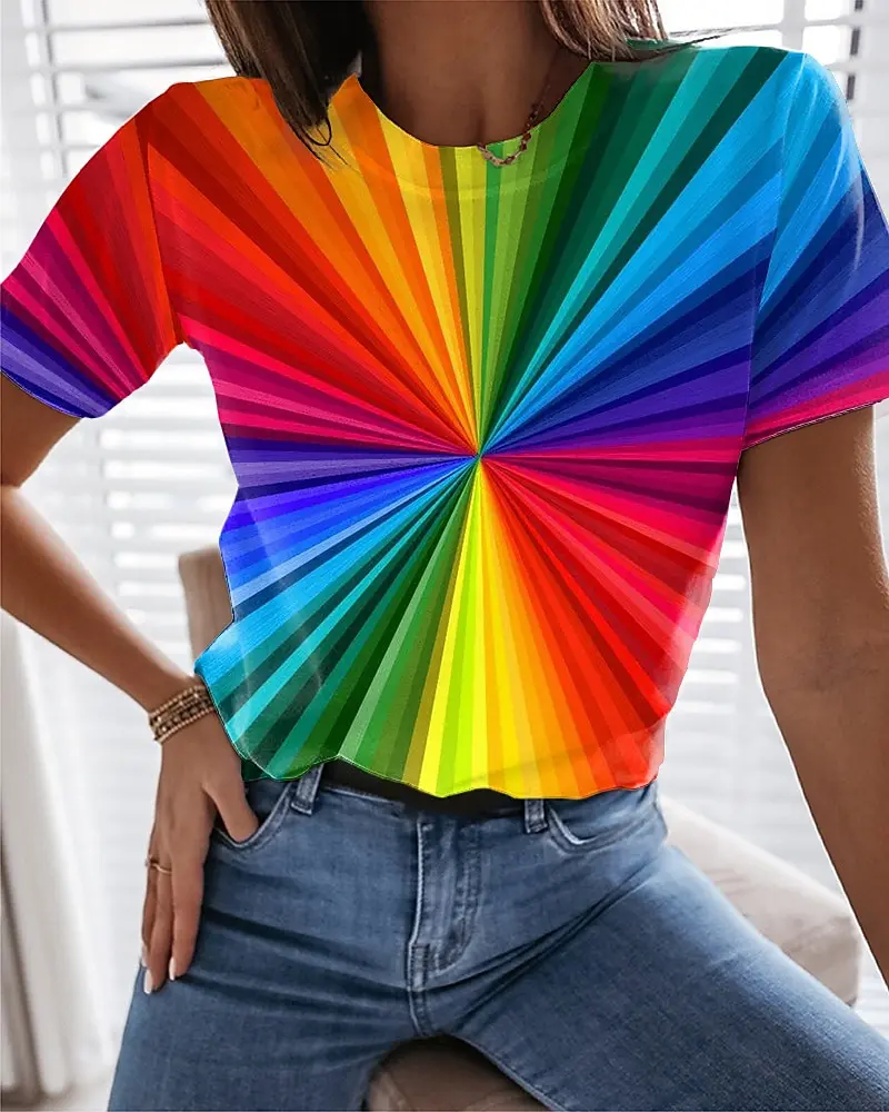 Color Block Rainbow 3D Print Women's T-Shirts Casual O-Neck Short Sleeve T Shirt Harajuku Top Oversized Y2k Tees Female Clothing