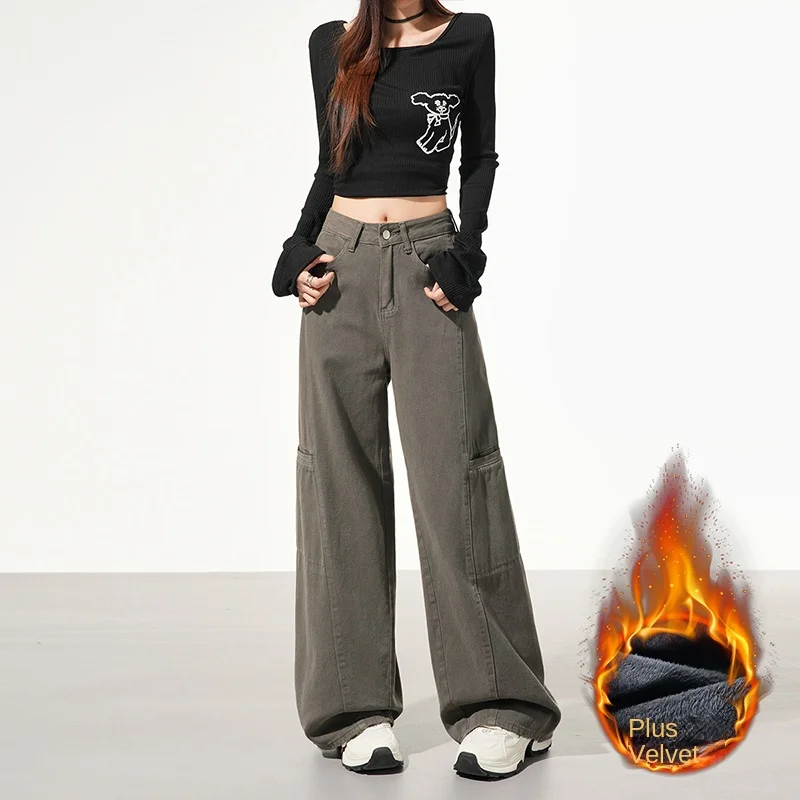 

Fleece Lined Womens Pants Y2k Jeans Cement Gray Baggy Cargo Pocket High Waist Casual Wear Streetwear Fashion