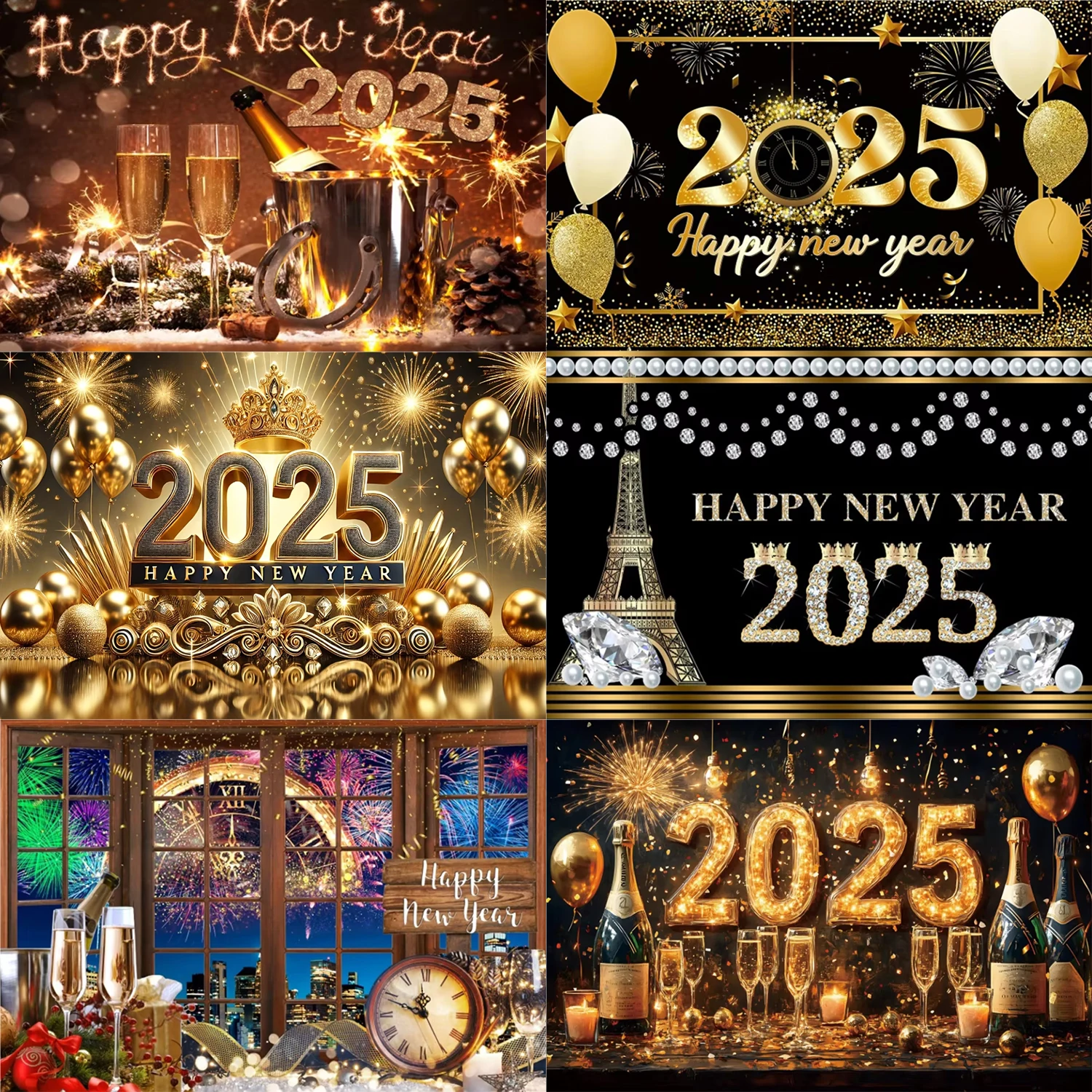 

2025 Happy New Year Theme Party Photography Background Firework Watches Champagne Gold Balloon Home Party Banner Decoration Gift