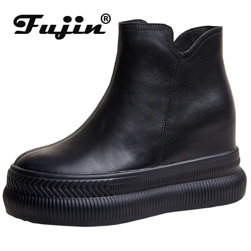 Fujin 9cm ROME Genuine Leather Synthetic Ankle Booties Chelsea Booties Women Autumn Stable Spring Support Platform Wedge Shoes