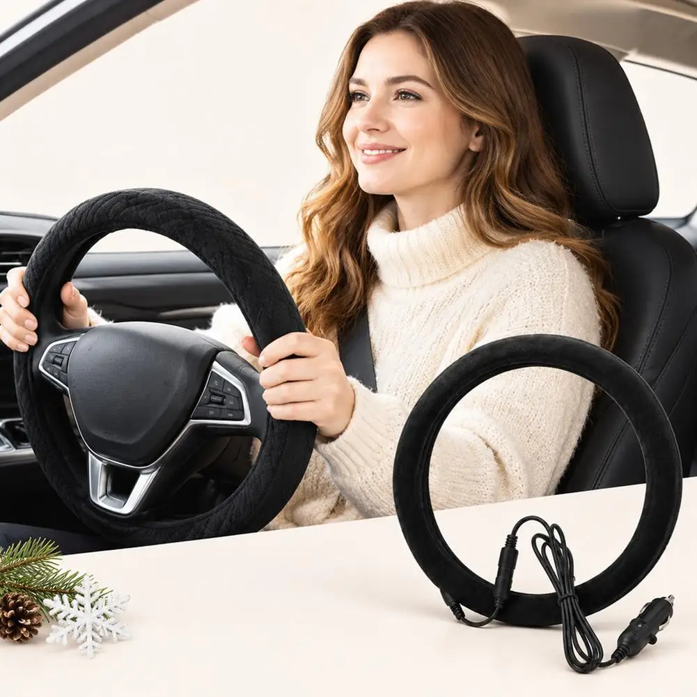 12V Heated Steering Wheel Cover Winter Warm Universal Car Steering Wheel Heater Anti Slip Hand Warmer for Cars Trucks Vans