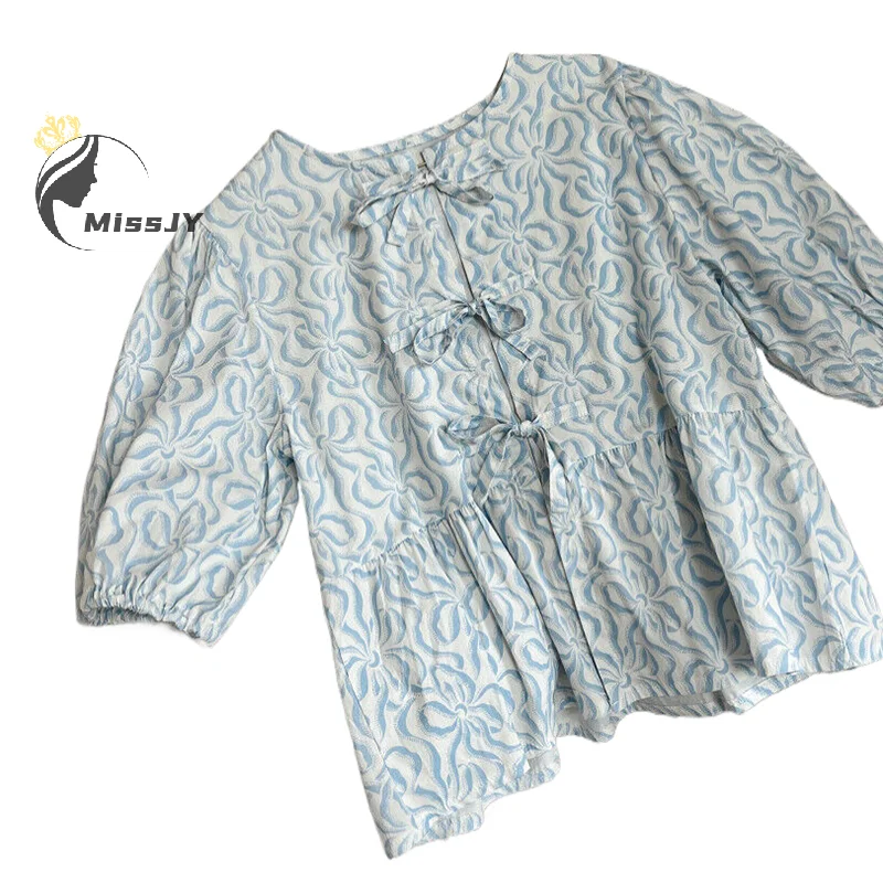 Fliege Damen Bluse Shirt lose bedruckte Puff ärmel Shirt Top Frühling Sommer kurze Damen Straße hohl