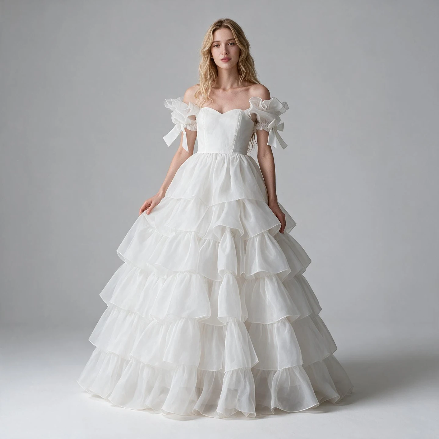 Elegant Ivory Organza Wedding Dress Off Shoulder Corset Bridal Gown Layered Ruffle Prom Dress Princess Ball Gown YW2610135