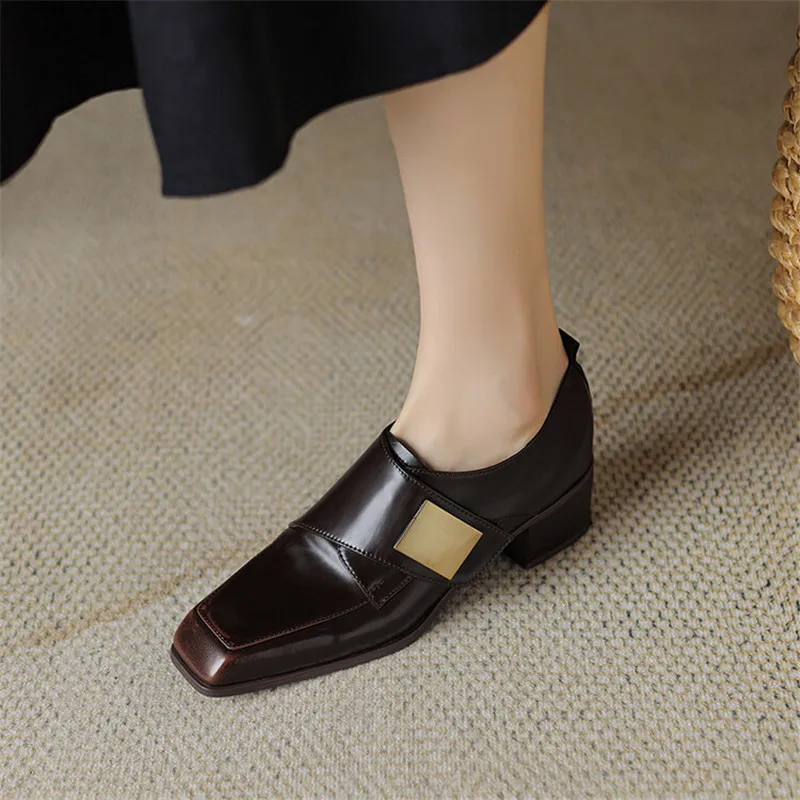 2024 New Spring Summer Split Leather Loafers French Square Toe Chunky Heels Shoes for Women Zaptos Mujer Casual Women Pumps