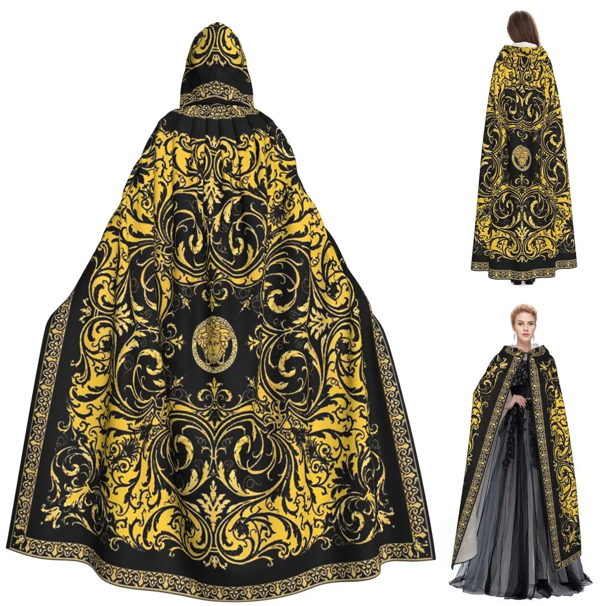 

Декоративный золотой медальон в стиле барокко, длинный плащ с капюшоном, средневековый костюм ведьмы, накидка для косплея, Хэллоуин, вампир, для взрослых, унисекс