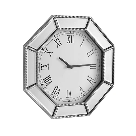 Mirrored Wall Clock with Silver Beaded Octagonal Glass Trim, Modern Wall Clock, Decorative Silver Glass Mirror Clock for Living