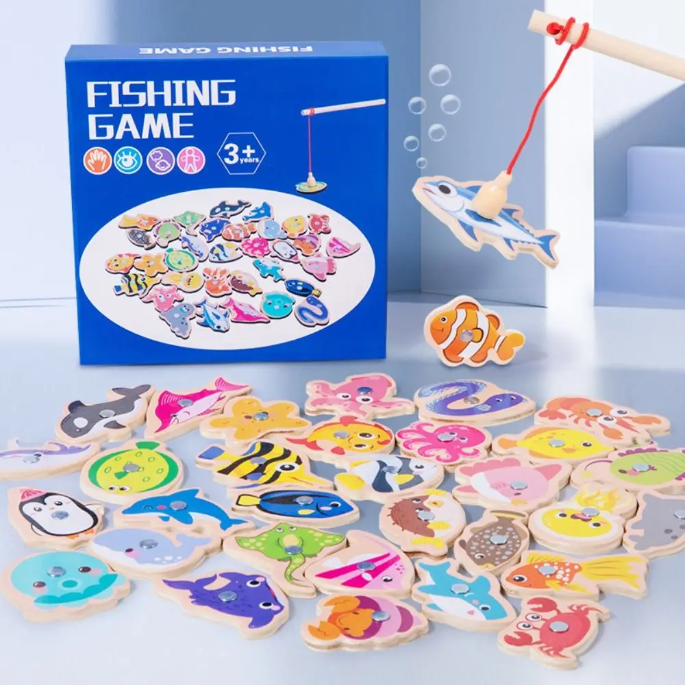 Ocean Wooden Magnetic Fishing Game Parent-child Toys Kids Montessori Toys Cognition Fish Game Marine Organism